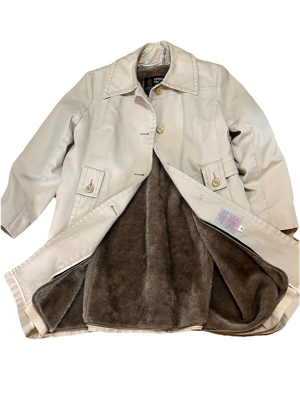 London Fog Size 12 Beige Fur Zip Out Lining Trench Coat Belted Winter